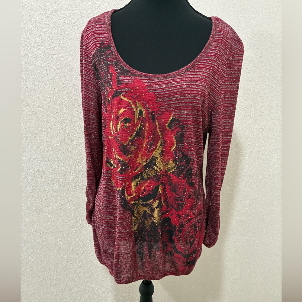 Style & Co. Red and Gold Rose Blouse